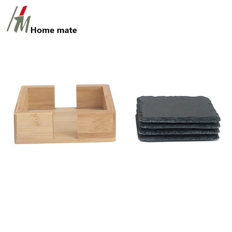 Personalised bamboo coaster set with four engraved slate coasters