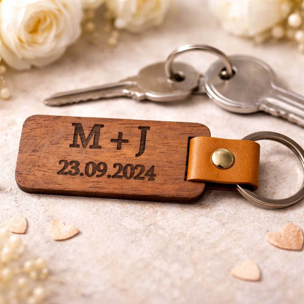 Personalised wooden couples keyring with engraved initials and date